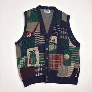 Crusader Reef Vintage Men XL Golf Patchwork Cotton Knit Sweater Vest USA Grandpa